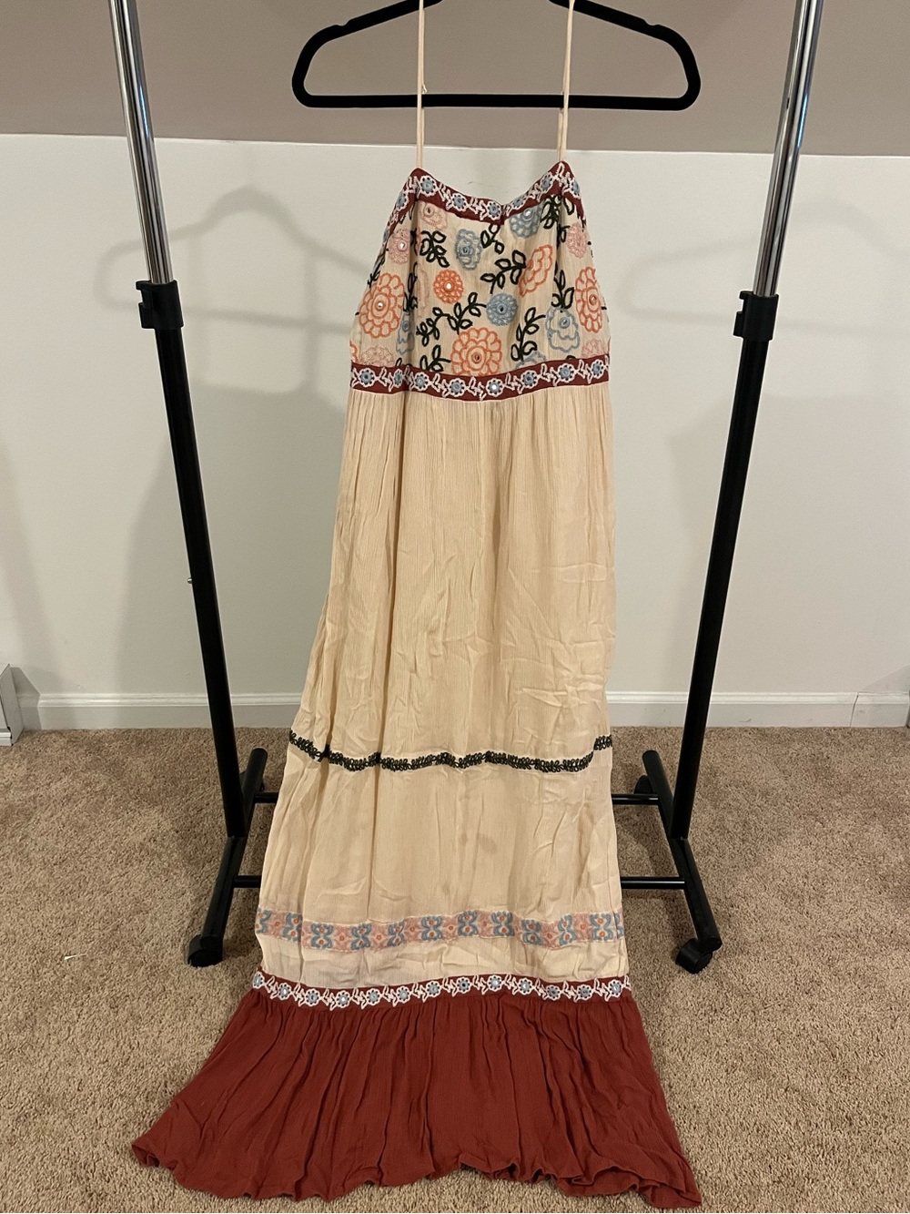 Bohemian Embroidered Maxi Dress in Cream and Rust